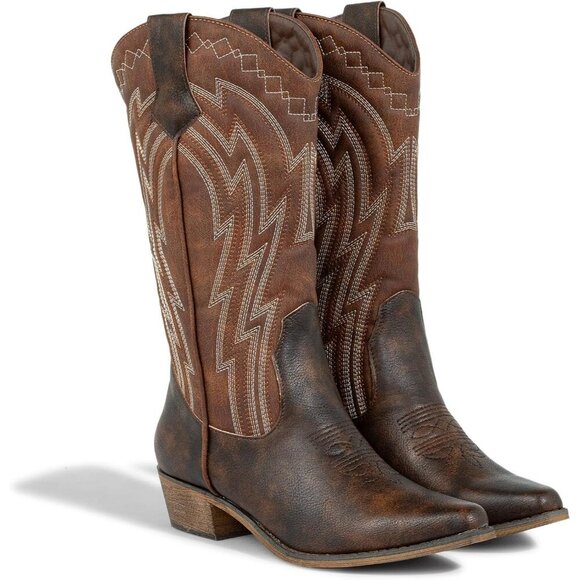 Women's Cowgirl Boots Cowboy Vintage Embroidered Brown Western Boots Snip Toe - Picture 2 of 8